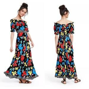 Rixo x Target Women's Black Floral & Polka Dot Off Shoulder Maxi Dress Size 0